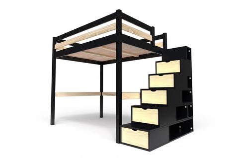 Lit Mezzanine Sylvia Avec Escalier Cube Bois, Couleur: Noir/vernis Naturel, Dimensions: 140x200