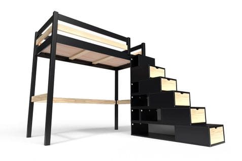 Lit Mezzanine Sylvia Avec Escalier Cube Bois, Couleur: Noir/vernis Naturel, Dimensions: 90x200