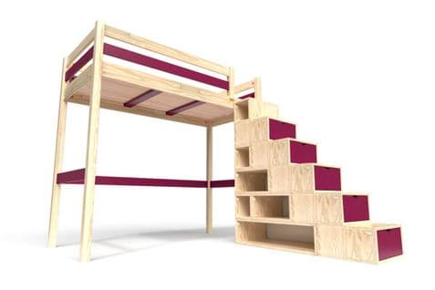 Lit Mezzanine Sylvia Avec Escalier Cube Bois, Couleur: Vernis Naturel/prune, Dimensions: 90x200