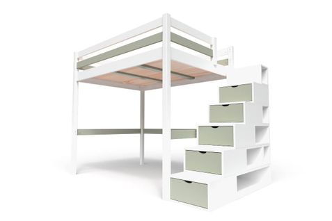 Lit Mezzanine Sylvia Avec Escalier Cube Bois, Couleur: Blanc/moka, Dimensions: 160x200