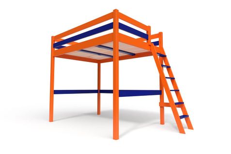 Lit Mezzanine Sylvia Avec Échelle Bois, Couleur: Orange/bleu, Dimensions: 160x200