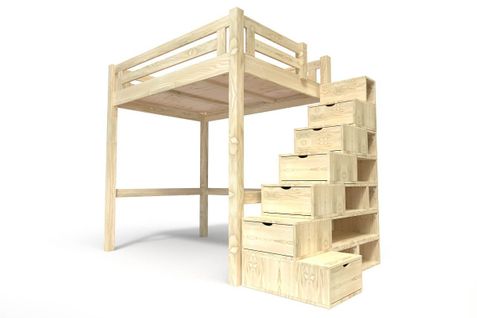 Lit Mezzanine Alpage Bois + Escalier Cube Hauteur Réglable, Couleur: Brut, Dimensions: 140x200
