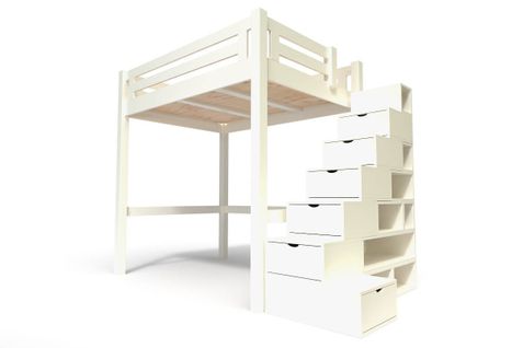 Lit Mezzanine Alpage Bois + Escalier Cube Hauteur Réglable, Couleur: Ivoire, Dimensions: 120x200