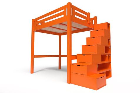 Lit Mezzanine Alpage Bois + Escalier Cube Hauteur Réglable, Couleur: Orange, Dimensions: 120x200