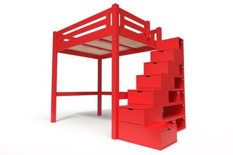 Lit Mezzanine Alpage Bois + Escalier Cube Hauteur Réglable, Couleur: Rouge, Dimensions: 120x200