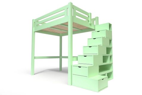 Lit Mezzanine Alpage Bois + Escalier Cube Hauteur Réglable, Couleur: Vert Pastel, 120x200