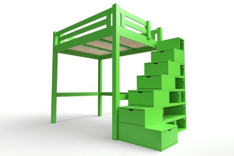 Lit Mezzanine Alpage Bois + Escalier Cube Hauteur Réglable, Couleur: Vert, Dimensions: 120x200