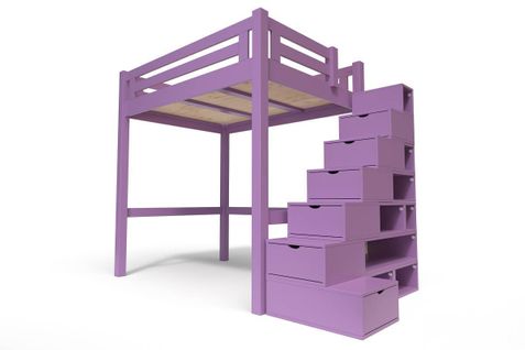 Lit Mezzanine Alpage Bois + Escalier Cube Hauteur Réglable, Couleur: Lilas, Dimensions: 120x200