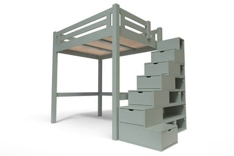 Lit Mezzanine Alpage Bois + Escalier Cube Hauteur Réglable, Couleur: Gris, Dimensions: 120x200