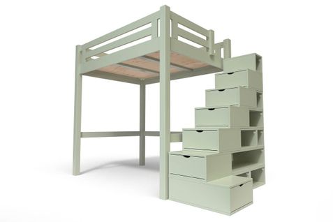 Lit Mezzanine Alpage Bois + Escalier Cube Hauteur Réglable, Couleur: Moka, Dimensions: 120x200