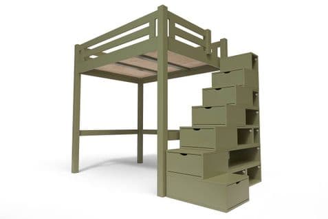 Lit Mezzanine Alpage Bois + Escalier Cube Hauteur Réglable, Couleur: Taupe, Dimensions: 120x200