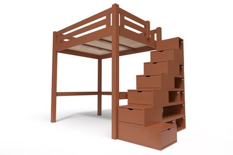 Lit Mezzanine Alpage Bois + Escalier Cube Hauteur Réglable, Couleur: Chocolat, Dimensions: 120x200