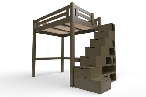 Lit Mezzanine Alpage Bois + Escalier Cube Hauteur Réglable, Couleur: Wengé, Dimensions: 120x200