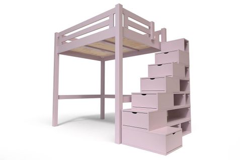 Lit Mezzanine Alpage Bois + Escalier Cube Hauteur Réglable, Violet Pastel / 140x200