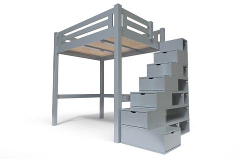 Lit Mezzanine Alpage Bois + Escalier Cube Hauteur Réglable, Gris Aluminium / 140x200
