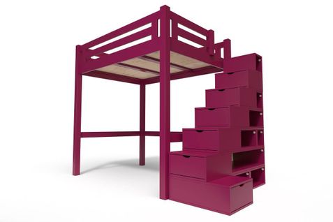Lit Mezzanine Alpage Bois + Escalier Cube Hauteur Réglable, Couleur: Prune, Dimensions: 160x200
