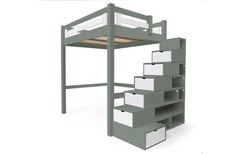 Lit Mezzanine Alpage Bois + Escalier Cube Hauteur Réglable, Gris/blanc / 120x200