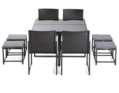 Olaria – Ensemble Table Et Chaises De Jardin En Acier Noir - 8 Places - Coussins Gris