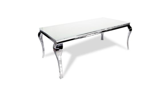 Table à Manger Baroque 4 à 6 Couverts Chrome Verre Blanc 150x90cm