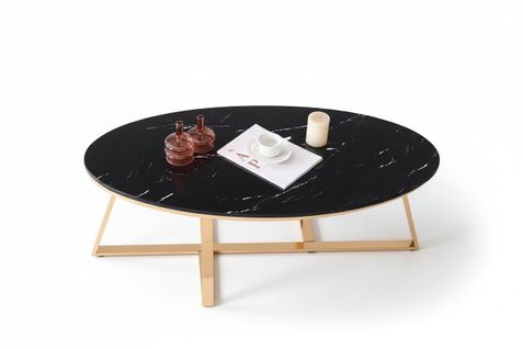 Table Basse Ovale Gamma Plateau Granite Effet Marbre Noir Pieds Gold 120x60x45cm