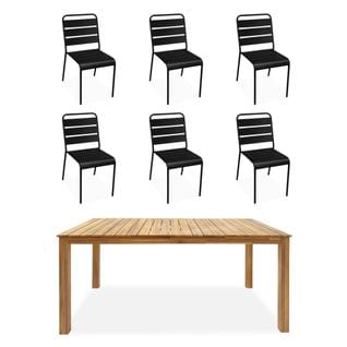 Table Intérieur / Extérieur Bois D'acacia + 6 Chaises Empilables En Métal Noir