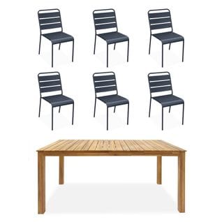 Table Intérieur / Extérieur Bois D'acacia + 6 Chaises Empilables En Métal Gris