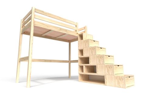 Lit Mezzanine Sylvia Avec Escalier Cube Bois, Couleur: Vernis Naturel, Dimensions: 90x200