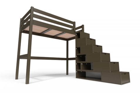 Lit Mezzanine Sylvia Avec Escalier Cube Bois, Couleur: Wengé, Dimensions: 90x200