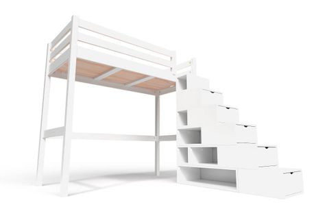Lit Mezzanine Sylvia Avec Escalier Cube Bois, Couleur: Blanc, Dimensions: 90x200