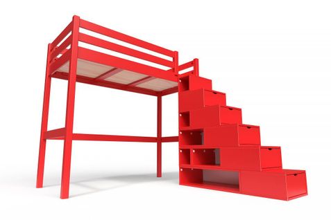 Lit Mezzanine Sylvia Avec Escalier Cube Bois, Couleur: Rouge, Dimensions: 90x200