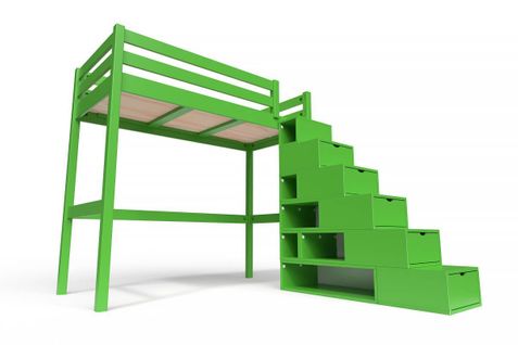 Lit Mezzanine Sylvia Avec Escalier Cube Bois, Couleur: Vert, Dimensions: 90x200