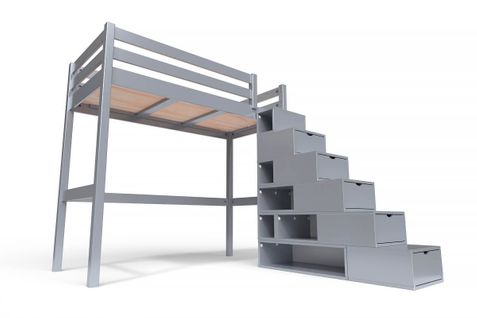 Lit Mezzanine Sylvia Avec Escalier Cube Bois, Couleur: Gris Aluminium, Dimensions: 90x200