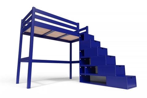 Lit Mezzanine Sylvia Avec Escalier Cube Bois, Couleur: Bleu Foncé, Dimensions: 90x200