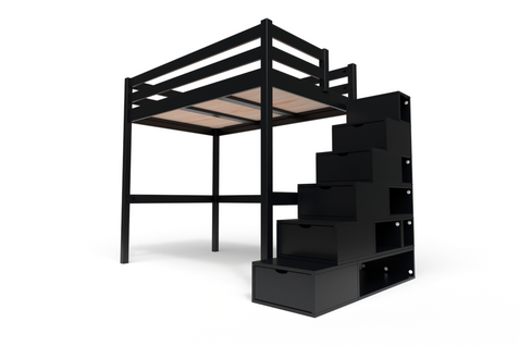 Lit Mezzanine Sylvia Avec Escalier Cube Bois, Couleur: Noir, Dimensions: 120x200