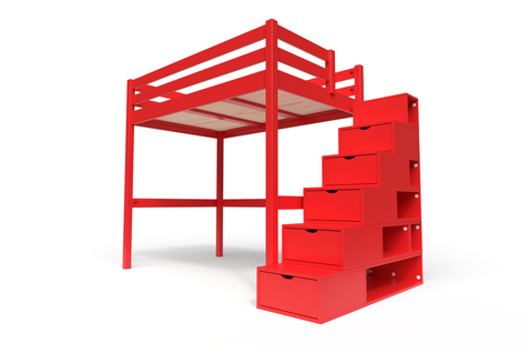 Lit Mezzanine Sylvia Avec Escalier Cube Bois, Couleur: Rouge, Dimensions: 120x200