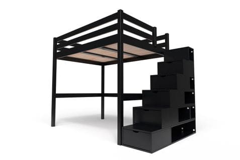 Lit Mezzanine Sylvia Avec Escalier Cube Bois, Couleur: Noir, Dimensions: 140x200