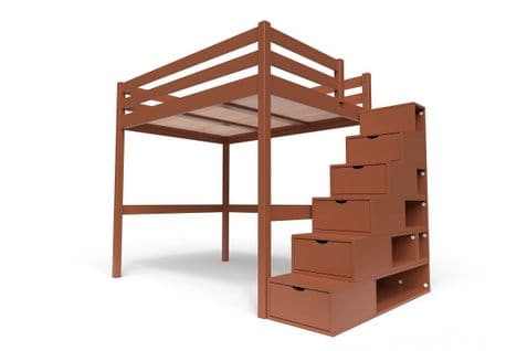 Lit Mezzanine Sylvia Avec Escalier Cube Bois, Couleur: Chocolat, Dimensions: 140x200