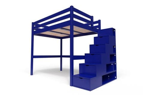 Lit Mezzanine Sylvia Avec Escalier Cube Bois, Couleur: Bleu Foncé, Dimensions: 140x200