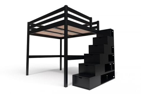 Lit Mezzanine Sylvia Avec Escalier Cube Bois, Couleur: Noir, Dimensions: 160x200
