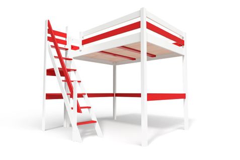 Lit Mezzanine Sylvia Avec Escalier De Meunier Bois, Couleur: Blanc/rouge, Dimensions: 160x200