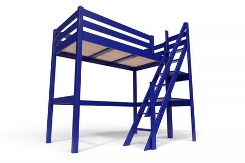 Lit Mezzanine Sylvia Avec Escalier De Meunier Bois, Couleur: Bleu Foncé, Dimensions: 90x200