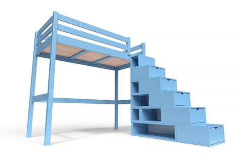 Lit Mezzanine Sylvia Avec Escalier Cube Bois, Couleur: Bleu Pastel, Dimensions: 90x200