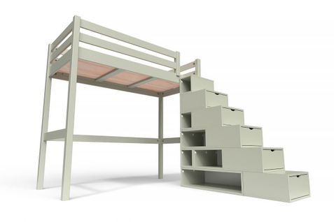 Lit Mezzanine Sylvia Avec Escalier Cube Bois, Couleur: Moka, Dimensions: 90x200