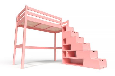 Lit Mezzanine Sylvia Avec Escalier Cube Bois, Couleur: Rose Pastel, Dimensions: 90x200