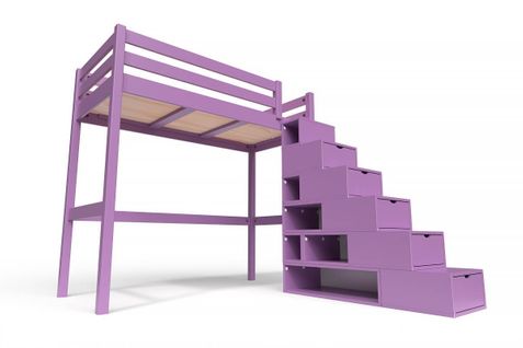 Lit Mezzanine Sylvia Avec Escalier Cube Bois, Couleur: Lilas, Dimensions: 90x200