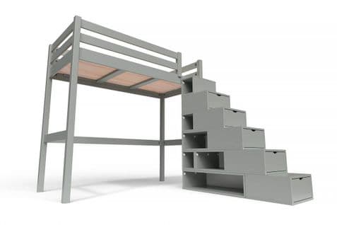 Lit Mezzanine Sylvia Avec Escalier Cube Bois, Couleur: Gris, Dimensions: 90x200