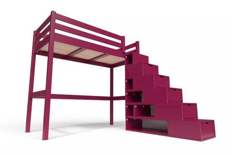 Lit Mezzanine Sylvia Avec Escalier Cube Bois, Couleur: Prune, Dimensions: 90x200
