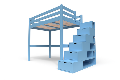 Lit Mezzanine Sylvia Avec Escalier Cube Bois, Couleur: Bleu Pastel, Dimensions: 120x200