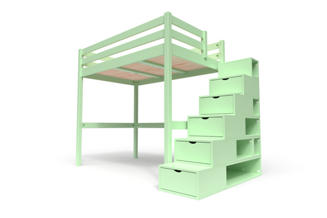 Lit Mezzanine Sylvia Avec Escalier Cube Bois, Couleur: Vert Pastel, Dimensions: 120x200