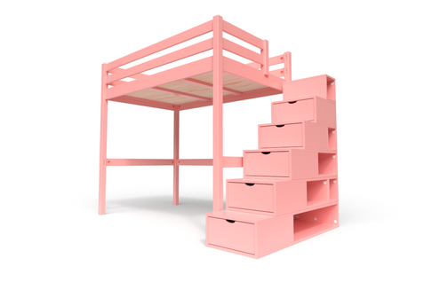 Lit Mezzanine Sylvia Avec Escalier Cube Bois, Couleur: Rose Pastel, Dimensions: 120x200